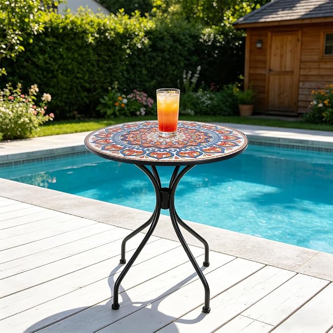23.6" Outdoor Patio Mosaic Round Table Garden Bistro Accent Table | Ceramic Tile Waterptoof Side End Table Metal Frame Dining Table Furniture for Balcony Backyard Porch Poolside Terrace