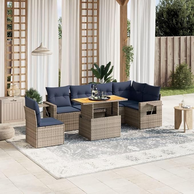 vidaXL Patio Sofa Set with Cushions 7 Piece, Outdoor Sectional Sofa Couch, Patio Conversation Set for Garden Backyard, Gray Poly Rattan
