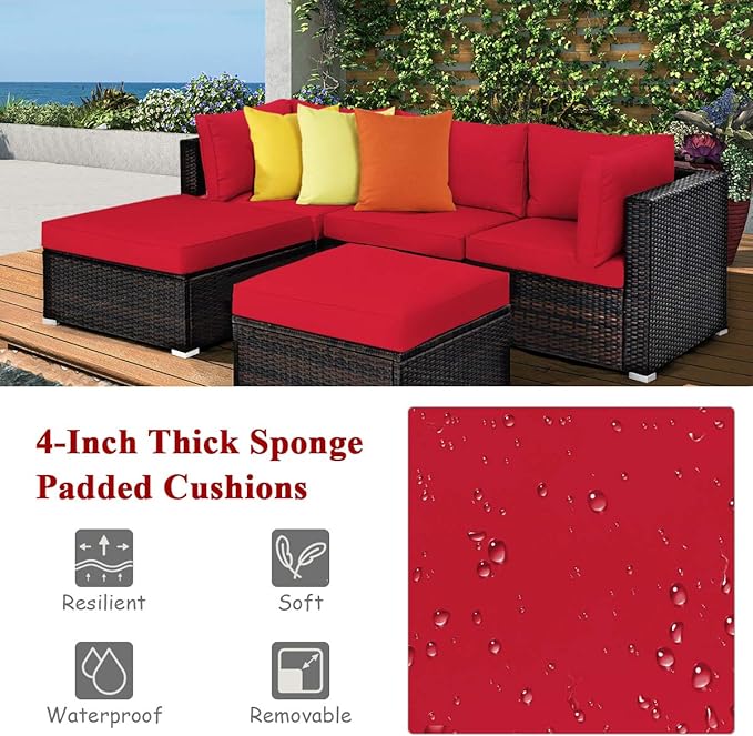 Tangkula 5 Piece Patio Furniture Set, Outdoor Sectional Rattan Sofa Set with Cushions and Coffee Table, Suitable for Backyard Porch Garden Poolside and Deck, Wicker Conversation Set (Red)