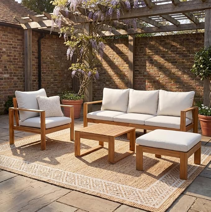 KLMM Outdoor 4pcs Acacia Sectional Patio Sofa Set with Cushions,for Patio Balcony Garden (Beige+Grey,Teak-PS)