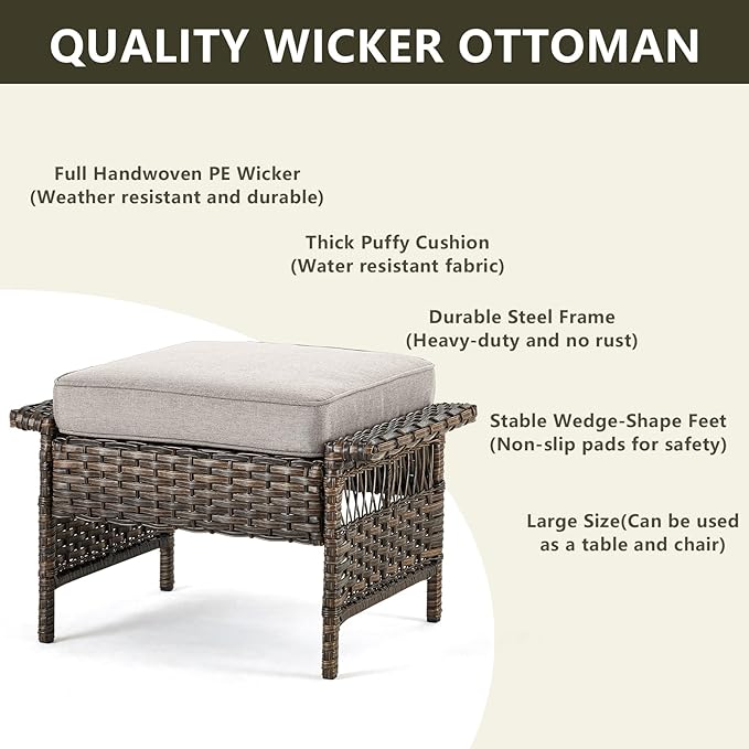 Outdoor Wicker Patio Furniture Set - 5 Piece Rattan Patio Conversation Sets with 2 Wicker Chairs,2 Ottomans and 1 Sofa for Porch Deck Garden(Brown/Beige)