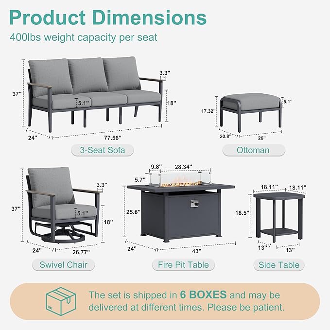 9-Seat Outdoor Patio Furniture Set with Rocking Swivel Chairs, Aluminum Sectional Sofa with Ottomans Patio Conversation Set with 55,000 BTU Fire Pit Table & High Backrest, Grey