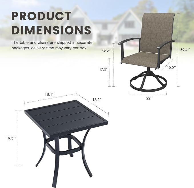 3 Pieces Small Patio Dining Set, Outdoor Furniture of 18.1" Square Patio Side Table & Patio Swivel Chairs for Backyard Lawn Garden, Black Table and Mixed Brown Chairs