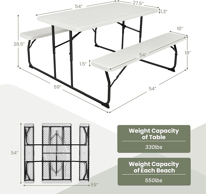Moccha Folding Picnic Table - Portable Picnic Table with Benches, HDPE Tabletop, Metal Frame, Foldable Camping Table, Outdoor Dining Table Set for Garden Party BBQ Patio Table Bench Set (White)
