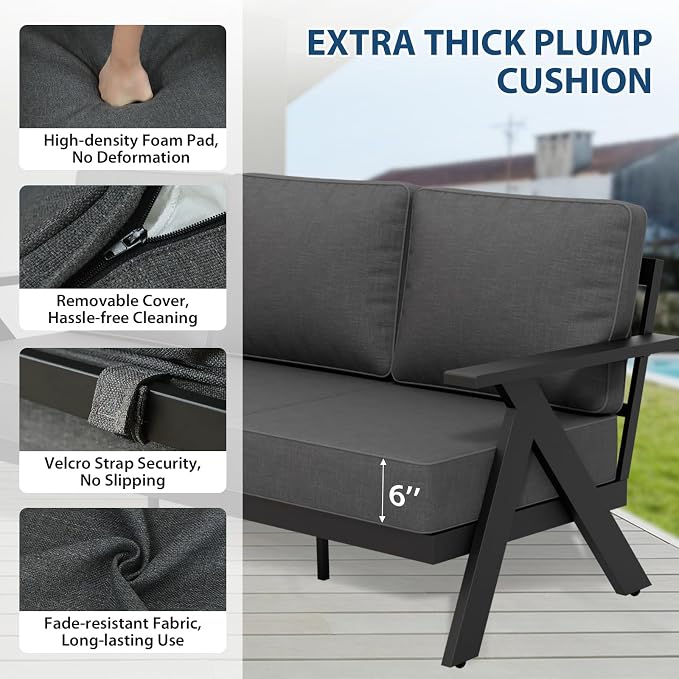 COOS BAY Iron Luxe 2 Piece Outdoor Patio Furniture Set, Modern Patio Conversation Set with a 3 Seat Couch & Coffee Table for Deck, Garden, Porch, Black/Gray
