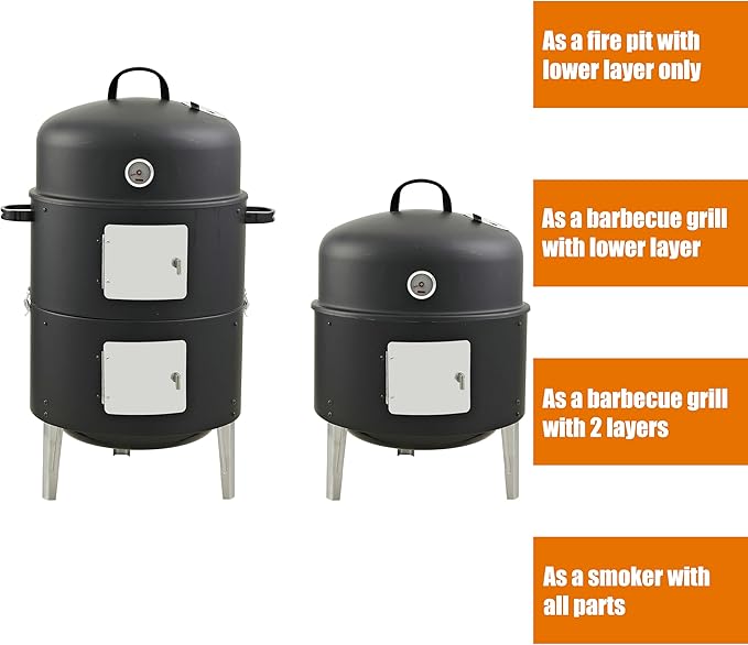 16" BBQ Smoker Grill Built in Thermometer, Air Vent and Two more biger Access Doors, Multi-Layer Meat Smoker Grill with 3 Heat-resistant Handles, Ideal for Outdoor Cooking, Camping, BBQ