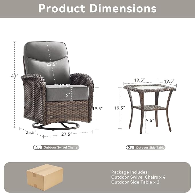 Luxury Wicker Patio Furniture Set with 6-Inch Thick Cushions, 6 Pieces Outdoor Swivel Rocker Patio Chairs Set of 4 with Rattan Side Table, Ooutdoor Patio Conversation Sets for Garden Porch Deck, Gray
