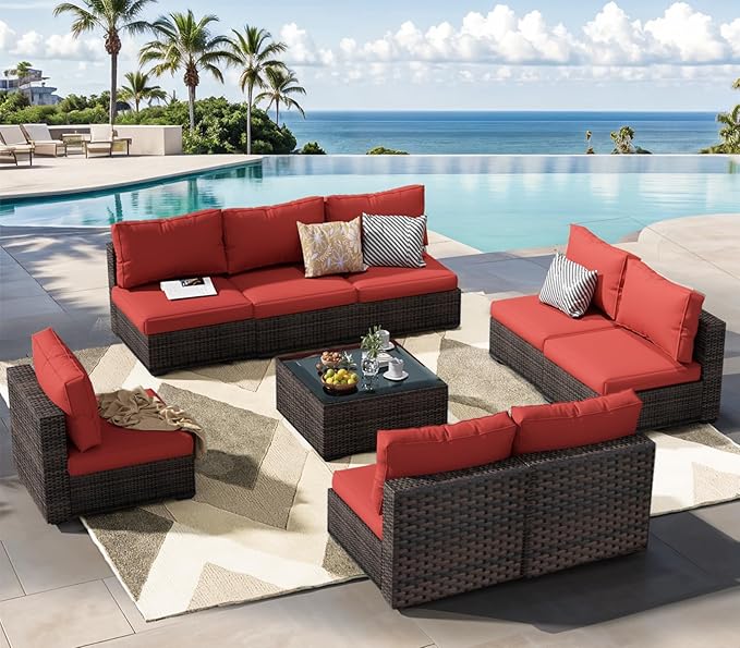 Patio Furniture Set 9 Piece All Weather PE Rattan Outdoor Sectional Sofa Couch with 8 x armless Sofa, No-Slip Cushions and Glass Top Table for Garden, Poolside, Backyard (Red)