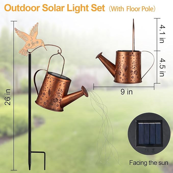 Gifts for Mom, Hummingbird Solar Lantern Outdoor Waterproof, Outside Metal Watering can Landscape Lights for Garden Yard Patio Pathway Decor Birthday Gifts for Women Grandma -with Pole