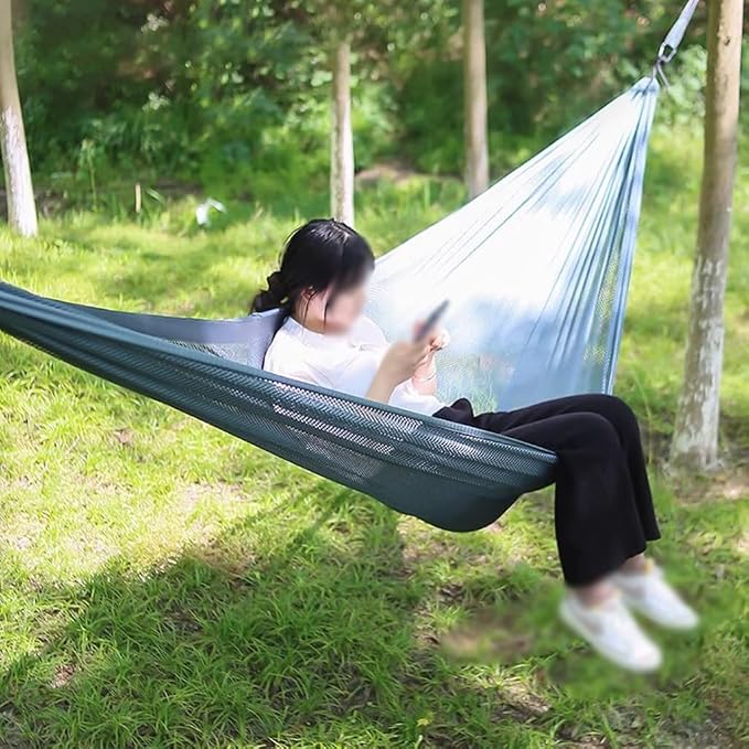 Summer Breathable Ice Silk Hammock, Outdoor Portable Double Hanging Bed, Park Leisure Swing with Straps, Load Bearing 300kg/661.4lbs(Blue-Grey)