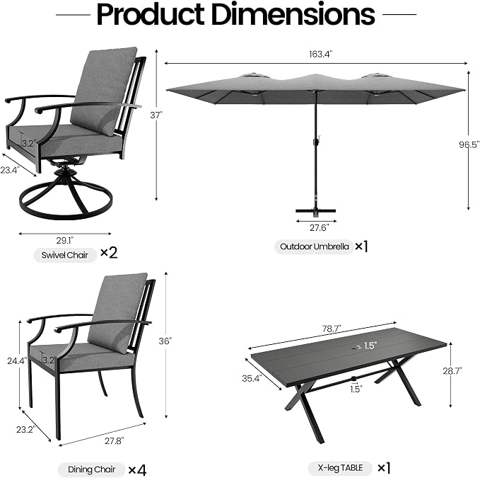 8 PCS Outdoor Patio Dining Set with 13.6ft Double-Sided Patio Umbrella,Patio Table and Chairs Metal Outdoor Patio Furniture Set,Dining Table Set with Swivel Chairs,Grey