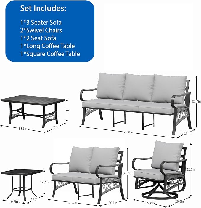 6 Piece Patio Furniture Set, 2 Single Swivel Chairs, Rope Braided Exposed with Thick Cushions, Outdoor All Weather Patio Conversation Sectional Sofa Set for Garden, Porch, Lawn, Grey