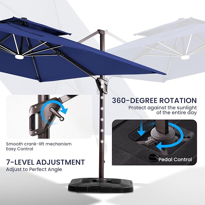 10x10 FT Cantilever Patio Umbrella with Base and Led Lights Double Top Outdoor Square Large Heavy Duty Aluminum Offset Umbrellas with 7 Level Tilt 360-degree Rotation for Pool Garden Deck, Navy