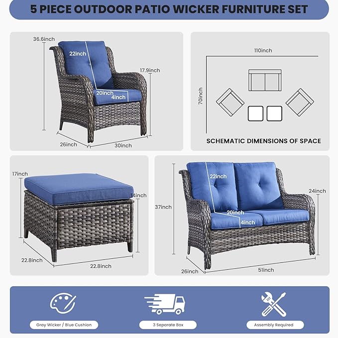Belord Outdoor Wicker Furniture 5 Pieces Patio Furniture Set Patio Wicker Chairs with Ottomans Conversation Set for Porch Garden Deck Balcony Poolside