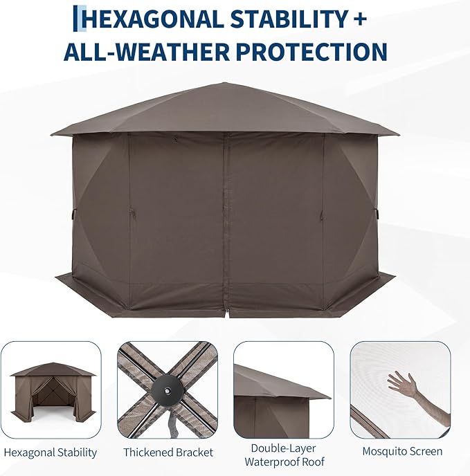 GarveeHome 13x13FT Pop Up Gazebo Screen Tent, 6-Sided Canopy with Detachable Eaves & Starry Sky Top, 210D Oxford Water-Proof Instant Shelter with Mosquito Netting for Backyard Camping, Khaki & Beige