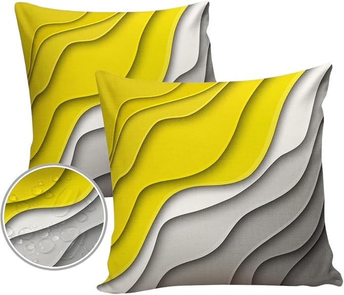 Modern Geometric Outdoor Waterproof Pillow Covers for Patio Furniture Yellow Decorative Throw Pillow Cover Abstract Beach Pillowcases Set of 2 Cushion Case for Sofa Couch Chair Home Decor 18 x 18 Inch