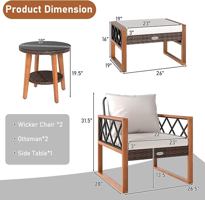 Tangkula 5 Pieces Patio Furniture Conversation Set, Outdoor Rattan Acacia Wood Cushioned Chairs with Ottomans, 2-Tier Side Table, for Porch, Balcony and Garden