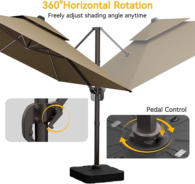 VEGOND 10x13 FT Patio Cantilever Umbrella with Base, Rectangular Heavy Duty Offset Umbrella for 8-10 People, 360°Rotation & Mult Tilt, Double Top Design, for Pool Garden Deck (Tan)
