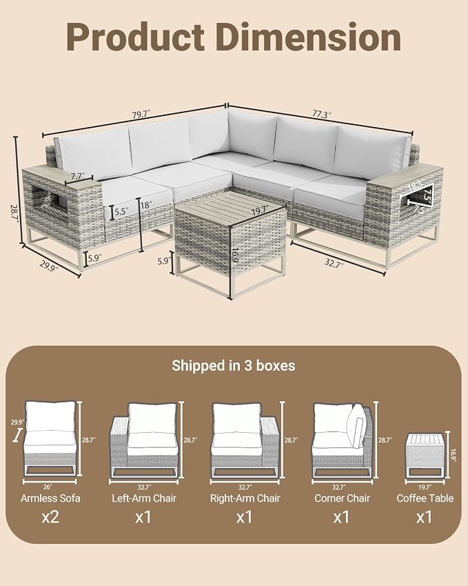 Outdoor Patio Furniture Set 6-Piece PE Rattan Wicker Outdoor Sectional Sofa with Thickened Cushions and Chunky Arms, Modern Modular L-Shaped Conversation Set for Garden, Backyard, White