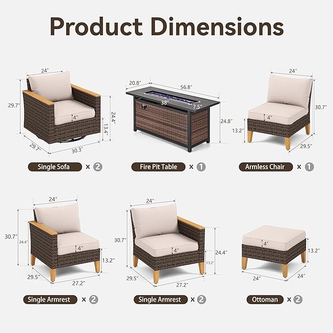 GREEN PARTY 9 Pieces Wicker Patio Furniture Set with 56" Fire Pit Table, All-Weather Outdoor Rattan Patio Sectional Sofa Conversation Set 9 Seats for Garden, Backyard, 2 x Swivel Chairs