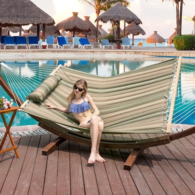 Lazy Daze 12 FT Quilted Fabric Double Hammock with Spreader Bars and Detachable Pillow, 2 Person Hammock for Outdoor Patio Backyard Poolside, 450 LBS Weight Capacity, Mixed Green & Brown Stripe