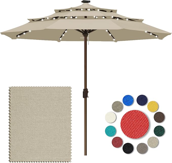 Eurmax USA 10-Year-Non-Fading 10FT 3-Tier Outdoor Patio Market Umbrella with LED Lights,UPF50+ UV Resistant,Commercial Grade,Crank Lift Design,Windproof Vented Top for Garden,Pool,Deck,Antique Beige