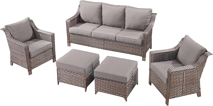 5 Pieces Wicker Patio Furniture Set-Outdoor High Back Sofa with Rattan Wicker Chairs Outdoor Furniture for Porch Garden Backyard Poolside-Brown/Grey