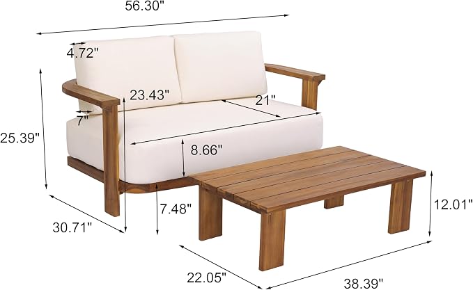 Christopher Knight Home Stella Acacia Wood 4 Piece Patio Furniture Set, Wooden Patio Conversation Set with Club Chair+Coffee Table, 4-Seater Outdoor Loveseat Sofa + Armchair and Table Set, Teak+Beige