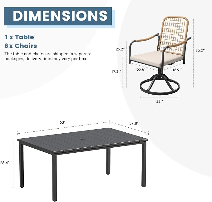 DIFY 7 Pieces Outdoor Dining Set, Metal Patio Table and Chairs Set for 6, 63" Rectangle Dining Table with Umbrella Hole & Wicker Swivel Patio Chairs with Cushions, Black Tabletop