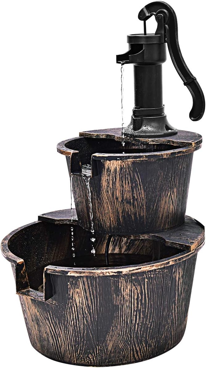 Giantex Water Fountain Outdoor, 2-Tier Barrel Cascading Waterfall Fountain with Electric Pump for Garden Patio Deck Backyard Decor, Rustic Freestanding Water Feature