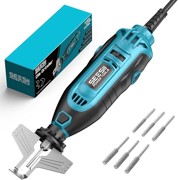 SEESII Electric Chainsaw Sharpener Kit, 35000RPM, 6 Upgraded Diamond Bits | Includes 5/32'', 3/16'', 7/32'' Grinding Bits, Fast Chain Sharpening,Stable Collet Locking System,Suitable for Chainsaw Chain
