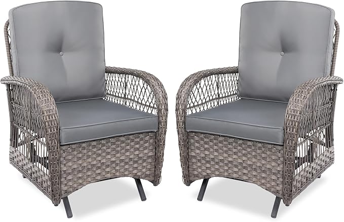 MEETWARM Patio Wicker Rocking Glider Set, All-Weather Outdoor Rattan Patio Rocking Chairs of 2, Patio Conversation Set with Thickened Cushions for Porch Garden & Backyard, Gray