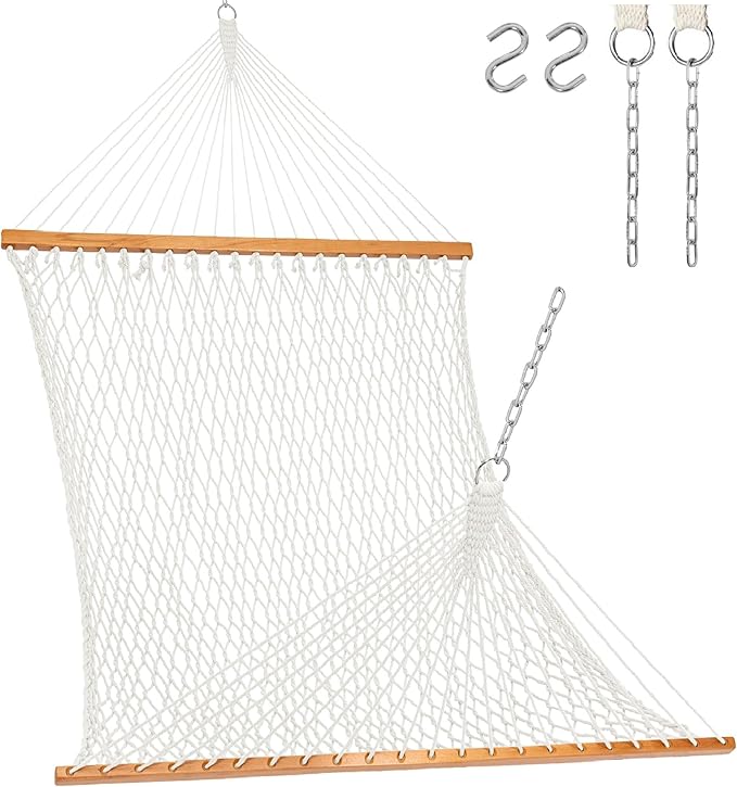 Lazy Daze Hammocks 12FT Double Rope Hammocks, 2 Person Hand Woven Cotton Hammock with Spreader Bar for Outside, Patio, Poolside, FIT 13-15 FT Stand, Max 450 Lbs, Natural, 141 x 57 inches