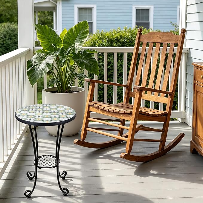 14 Inch Mosaic Patio Side Table with Scroll Legs, Indoor Outdoor Accent Round End Table with Ceramic Tile Tops for Yard, Garden, Living Room, Bistro, B - Granny Square