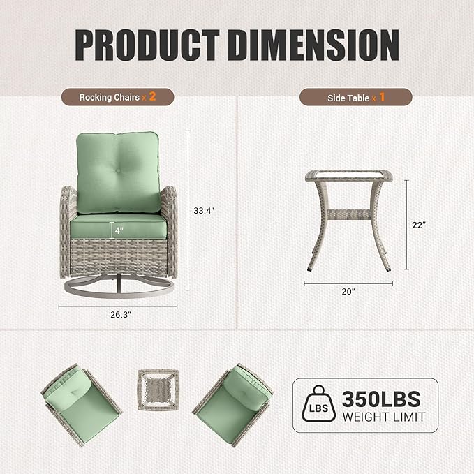 7Pcs Patio Rocking Swivel Chair with 55,000 BTU Fire Pit Table Outdoor Wicker Rattan Bistro Set with Tempered Glass Side Table, Outdoor Patio Furniture Set for Garden and Balcony, Light Green