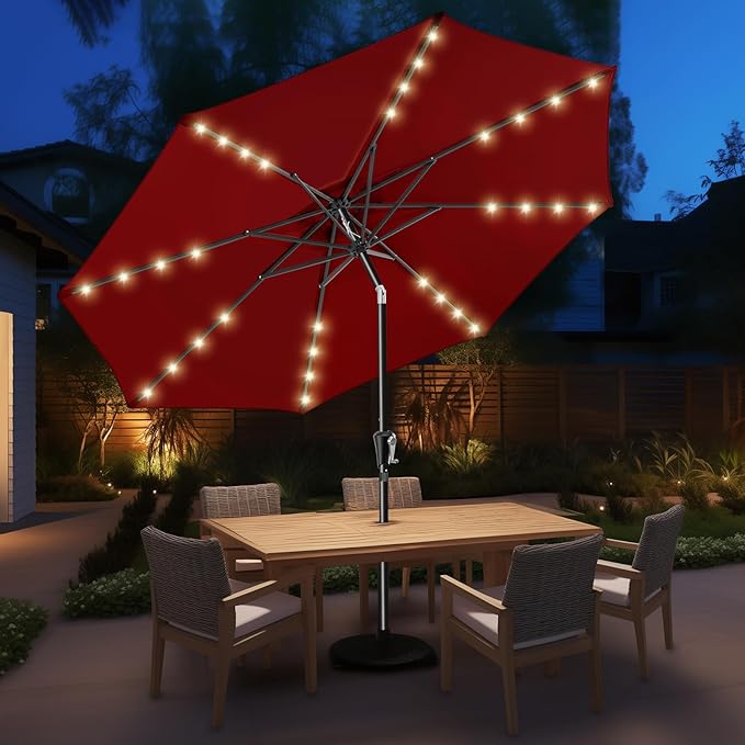 HOMSHADE 9ft Solar Patio Umbrella - Solar Lights LED Lighted Outdoor Market Table Umbrella, UPF50+ UV Protection with Push Button Tilt, Crank for Pool Deck and Garden (Burgundy Red)