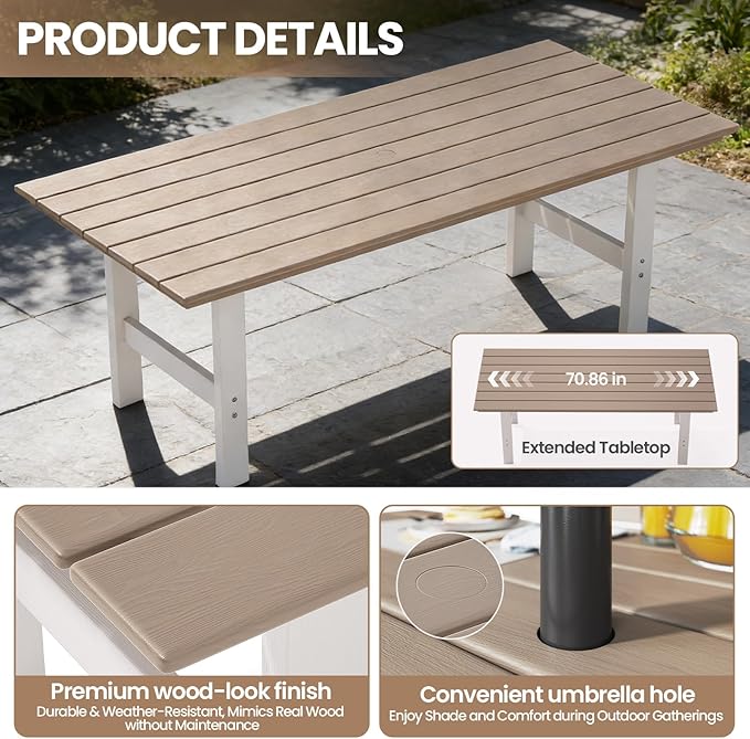 Outdoor Dining Set,7-Piece Patio Table and Chairs Set for 6, HDPE Outdoor Dining Table and Chairs with Umbrella Hole, All-Weather Patio Dining Furniture Set,White Brown