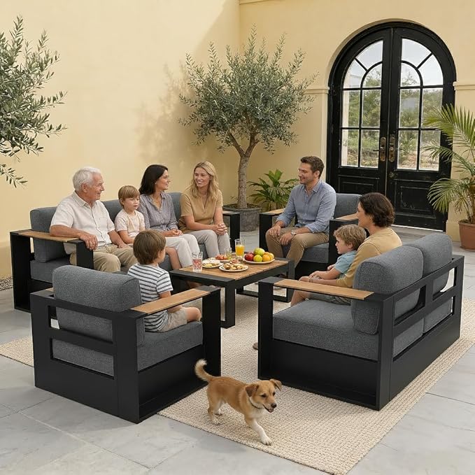 Aluminum Patio Furniture Set, 5 Seats Luxury Seating Furniture with Coffee Table, All Weather Outdoor Conversation Sets with 6" Thickened Cushions