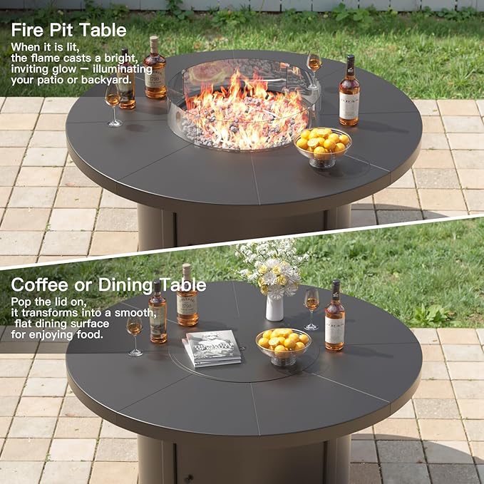 Kurapika 5 Piece Modern Metal Outdoor Conversation Sets, Patio Furniture Set, 4 Aluminum Swivel Chairs w/48in Round Propane Fire Pit Table and Thickened Cushions, Navy Blue
