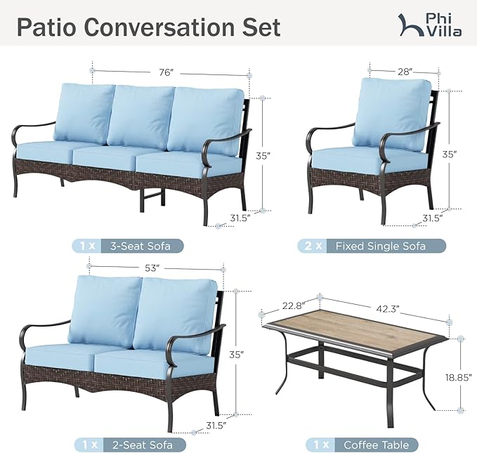PHI VILLA Outdoor Modern Patio Furniture Set, Upgraded Wicker & Metal Patio Conversation Set with Waterproof Thick Cushions for Porch, Poolside, Yard (5 Pieces,Blue)