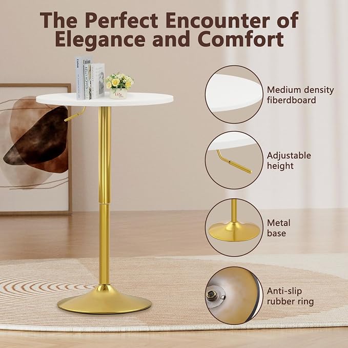 CLATINA Round Bar Pub Table, 26"-36" Height Adjustable Bistro Tables with Gold Base, 360°Swivel High Top Cocktail Table for Home Kitchen Party Drink Restaurant Wedding Cafe Office Reception,White,2PK