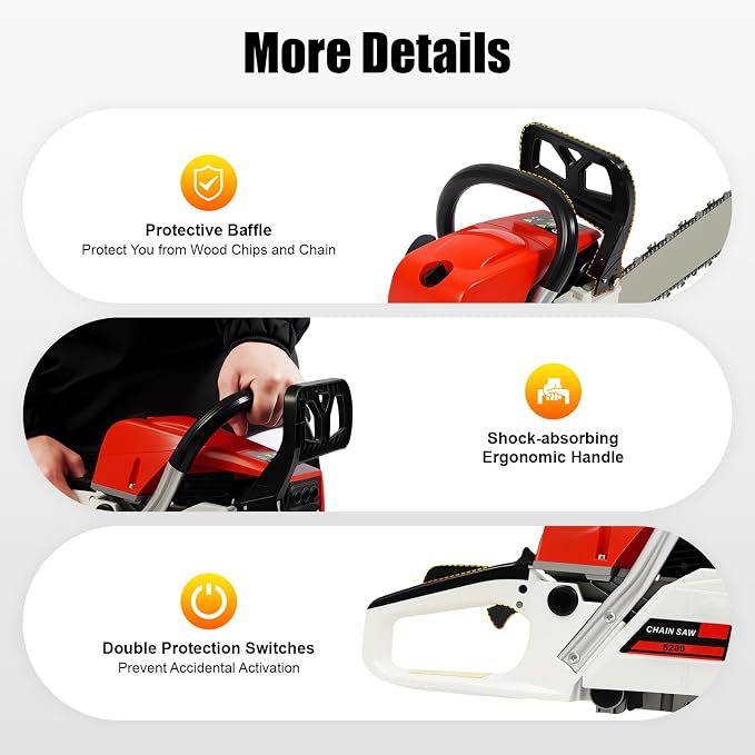 22 Inch Gas Powered Chainsaw, 52cc 2-stroke Single Cylinder Engine Gasoline Chainsaw, Petrol Handheld Cordless Chain Saw with Air-cooled Syestem for Tree Wood Cutting