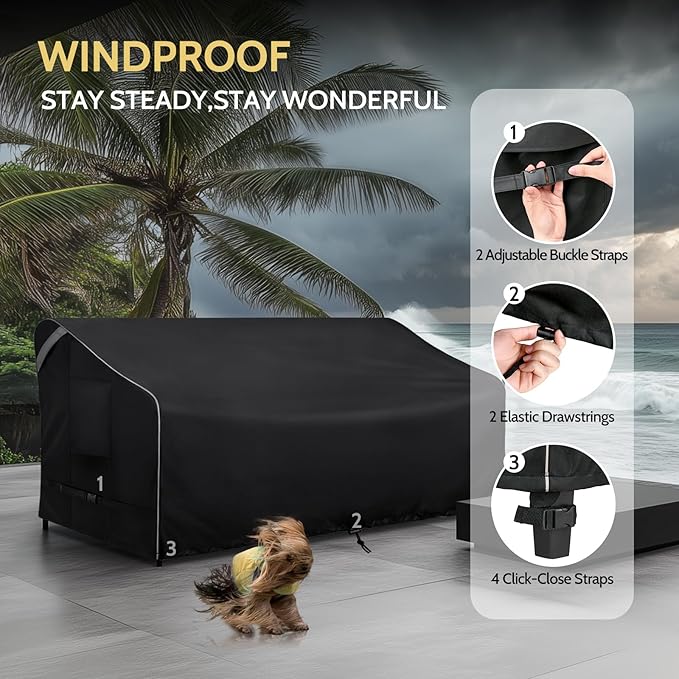 COSFLY Outdoor Patio Sofa Covers Waterproof, Heavy-Duty UV-Resistant Furniture Covers, Adjustable Fit with Buckle Straps, Fits 3-Seater Sofa up to 80"W x 33"D x 32"H ( Black)