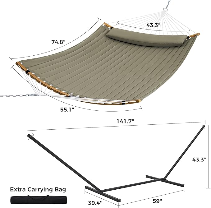 SUPERJARE Curved-Bar Hammock with Stand, 2 Person Heavy Duty Hammock Frame, Detachable Pillow & Portable Carrying Bag, Perfect for Outdoor & Indoor, Olive Gray