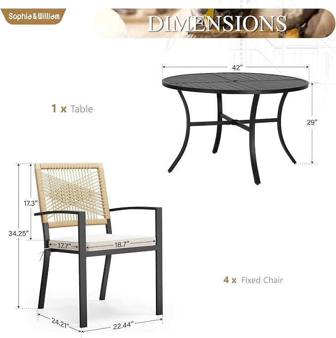 Sophia & William Outdoor Dining Set for 4, 42" Round Table, Wicker Chairs | 5 Piece Patio Dining Set, Round Patio Dining Table Set with Patio Wicker Chairs for Garden, Porch, Deck