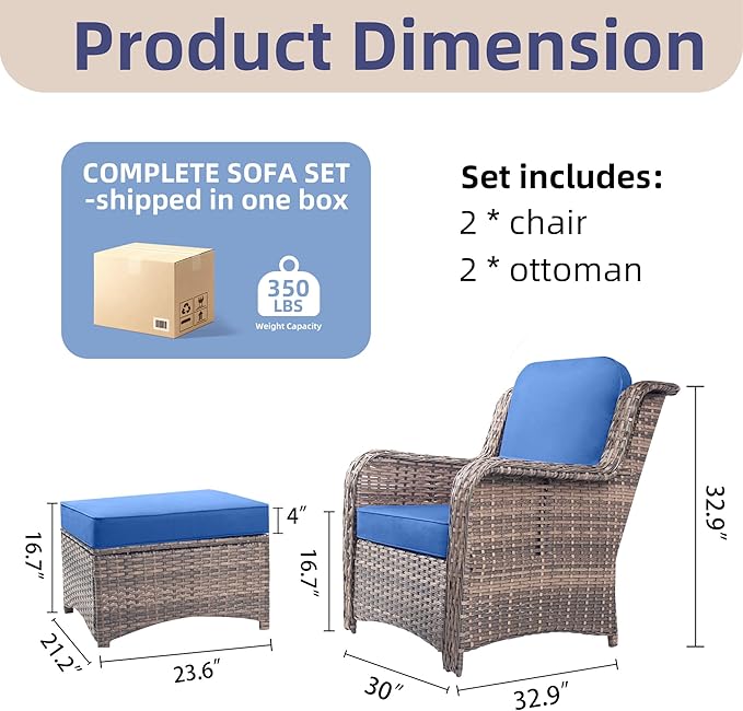 4 Pieces Patio Furniture Sets - High Back Outdoor Chairs with Ottomans, All Weather Wicker Furniture Seating Set with Thick Cushion for Porch Balcony Deck Yard, Blue