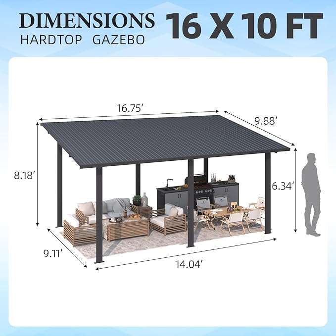 AECOJOY 16' x 10' Outdoor Lean to Hardtop Gazebo for Patio, 10x16 Large Galvanized Steel Wall-Mounted Pergolas and Gazebos Clearance, Metal Patio Roof Awnings for Backyard, Decks