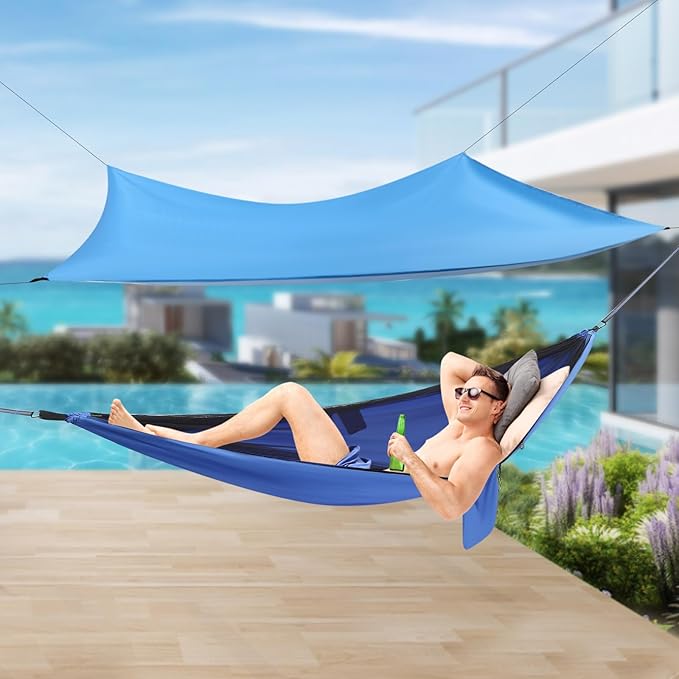 Blue Camping Hammock with Mosquito Net & Rain Fly Tarp, Lightweight Parachute Nylon Hanging Bed, Tree Straps & Carabiners, Bug Mesh Shelter Cover, Compact Backpacking Travel Swinging