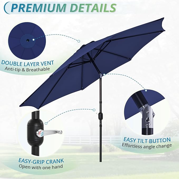 LUE BONA 10FT Patio Umbrella, Easy Crank Lift Market Umbrella with Tilt Function, Waterproof Outdoor Table Umbrella for Deck Garden Backyard Pool, Navy Blue