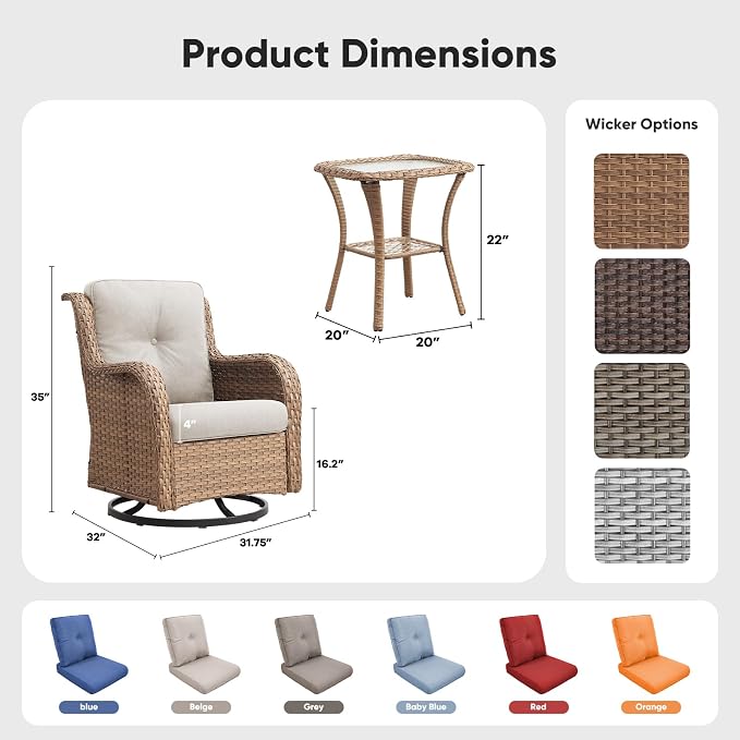 Belord Patio Wicker Chairs Swivel Rocker,Outdoor Patio Furniture Set with Rattan Side Table, All Weather Conversation Set for Porch Poolside Balcony, Yellow Wicker/Beige